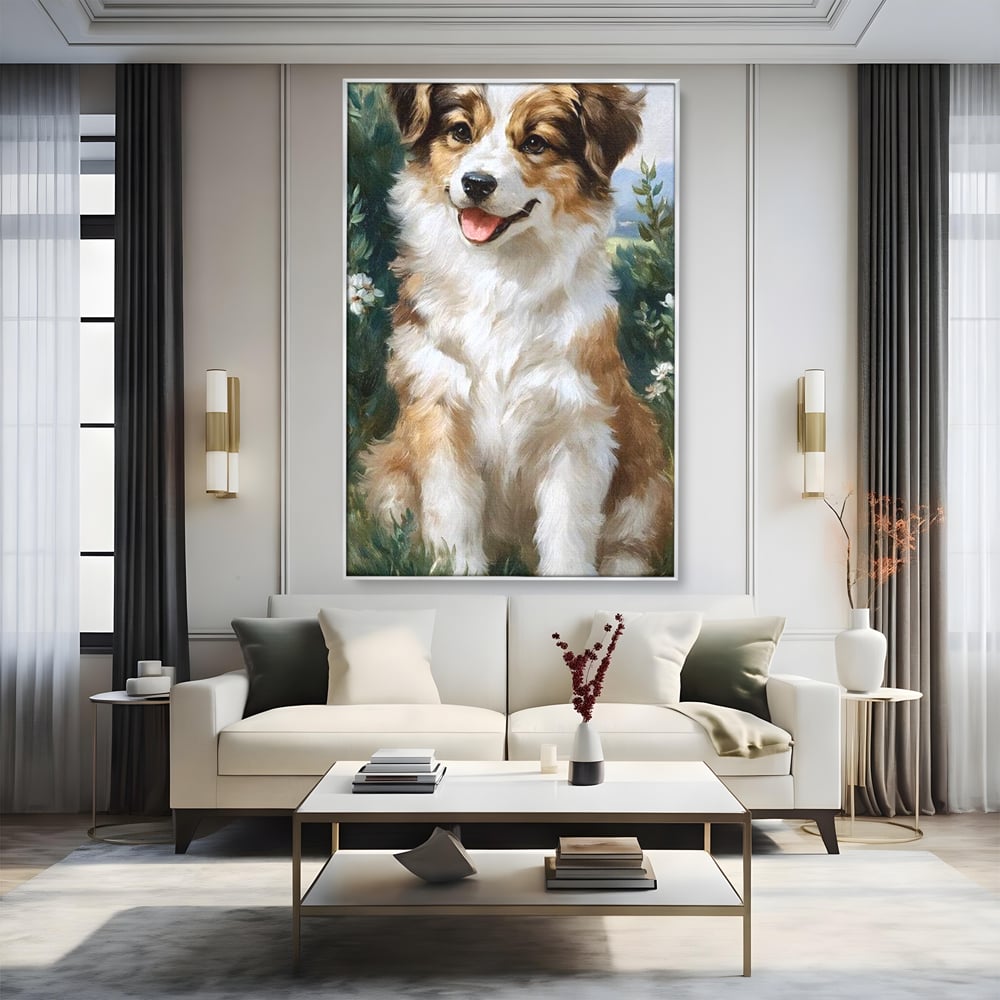 Tablou canvas cu tablou canvas cu catel prietenos in gradina, in rama de aluminiu argintiu, pe perete intr-un living
